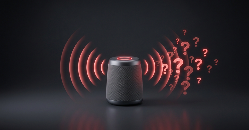Smart speaker emitting sound waves beside question marks