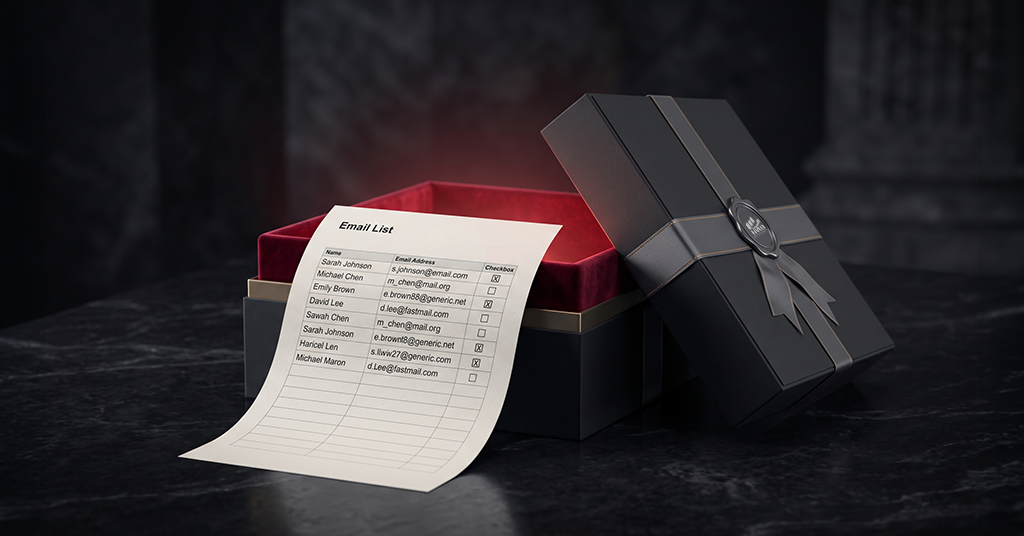 Email marketing list beside an open product box